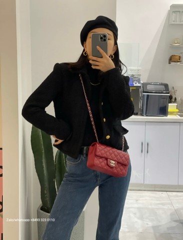 샤넬 미니 클래식 핸드백, 그레인드 카프스킨 & 골드톤 메탈, 레드